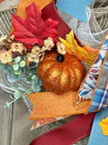 Fall Farmhouse Pumpkin & Country Blue Handmade 24" Deco Mesh Wreath