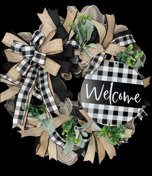 Black, White & Natural Buffalo Check Country Rustic Farmhouse Front Door Welcome Wreath