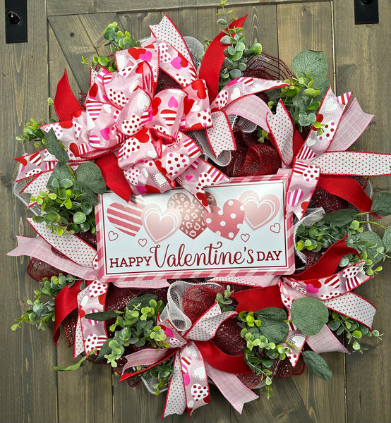 Happy Valentine's Day Welcome Wreath, Valentine's Day Decor, Pink & Red Valentine's Day Deco Mesh & Greenery Wreath