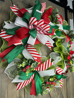 Christmas Wreath, Red, Green & White Christmas Wreath, Handmade 24" Christmas Wreath for front door