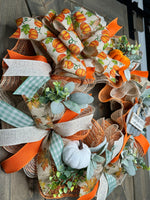 Farm Fresh Pumpkins Wreath, Orange, Mint Green, Fall Wreath, Handmade 24" Deco Mesh Wreath