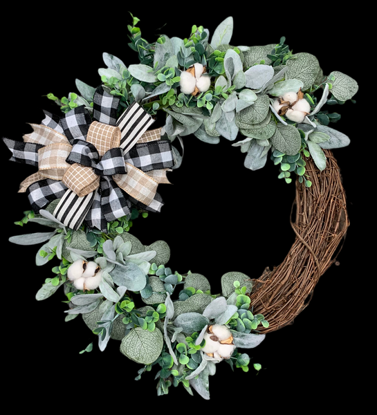 INTERCHANGABLE CLIP-ON BOW WREATH!  Grapevine Greenery Country Farmhouse Wreath with Clip-On Bow