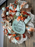 Welcome Autumn Sage Green Fall Handmade 24" Deco Mesh Wreath for Front Door