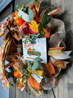 Fall Farm Truck Wreath, Farm Fresh Pumpkins, Handmade 24" Fall Deco Mesh Wreath for Front Door