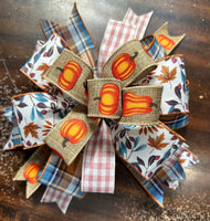 Fall Harvest Country Blue and Cranberry Pumpkin Handmade Clip-on Bow 12"x12"