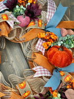 ONLY ONE AVAILABLE - Fall Harvest Country Blue and Cranberry Pumpkin Handmade 24" Deco Mesh Wreath for Front Door