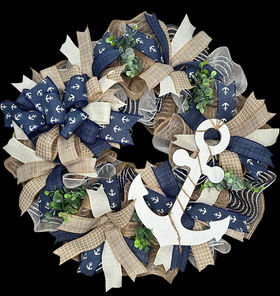 Anchor Beach Coastal Nautical Handmade Wreath, Natural, White, Navy