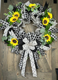 Sunflower Black & White & Ivory Buffalo Plaid Farmhouse Front Door 24" Handmade Wreath