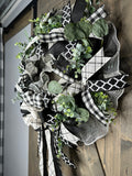 Black & White & Ivory Buffalo Plaid Farmhouse Front Door 24" Handmade Wreath