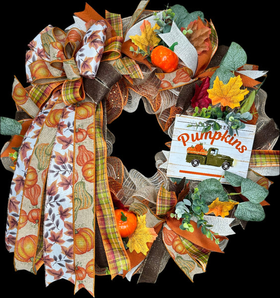 Fall Farm Truck Wreath, Farm Fresh Pumpkins, Handmade 24" Fall Deco Mesh Wreath for Front Door