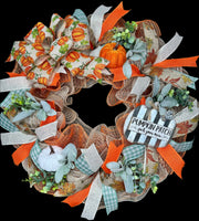 Farm Fresh Pumpkins Wreath, Orange, Mint Green, Fall Wreath, Handmade 24" Deco Mesh Wreath