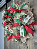 Merry Christmas Bow Christmas Tree Ribbon Traditional Red & Green Christmas Deco Mesh Handmade Wreath