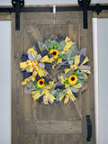 Spring Wreath, Handmade, Farmhouse, Sunflower, Yellow & Navy, Deco Mesh Front Door Wreath, Sunflower Decor, Gift Giving Idea