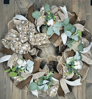Natural & Beige Cotton Bud Farmhouse Handmade Wreath  **Sign Options are Available