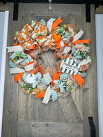 Farm Fresh Pumpkins Wreath, Orange, Mint Green, Fall Wreath, Handmade 24" Deco Mesh Wreath