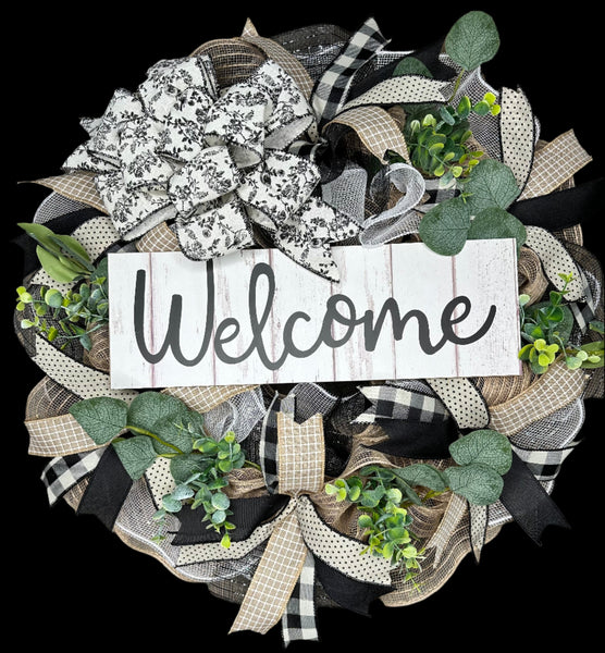 Black and Cream Buffalo Plaid Toile Farmhouse Handmade Front Door Welcome Wreath