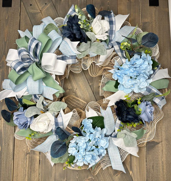Blue Hydrangea Floral Farmhouse Handmade Front Door Wreath