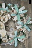 Winter Snowflake, Deer Sage Green Handmade 24" Country Christmas Wreath for front door