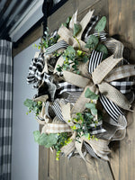 Wreath Black White Buffalo Plaid Handcrafted Rustic Neutral Farmhouse Styled  Front Door Year-Round All-Season Eucalyptus Boxwood Great Gift