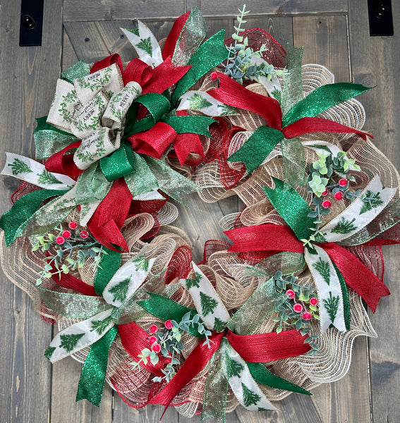 Merry Christmas Bow Christmas Tree Ribbon Traditional Red & Green Christmas Deco Mesh Handmade Wreath