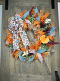 ONLY ONE AVAILABLE - Fall Harvest Country Blue and Cranberry Pumpkin Handmade 24" Deco Mesh Wreath for Front Door