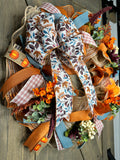 ONLY ONE AVAILABLE - Fall Harvest Country Blue and Cranberry Pumpkin Handmade 24" Deco Mesh Wreath for Front Door