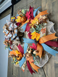 Fall Farmhouse Pumpkin & Country Blue Handmade 24" Deco Mesh Wreath