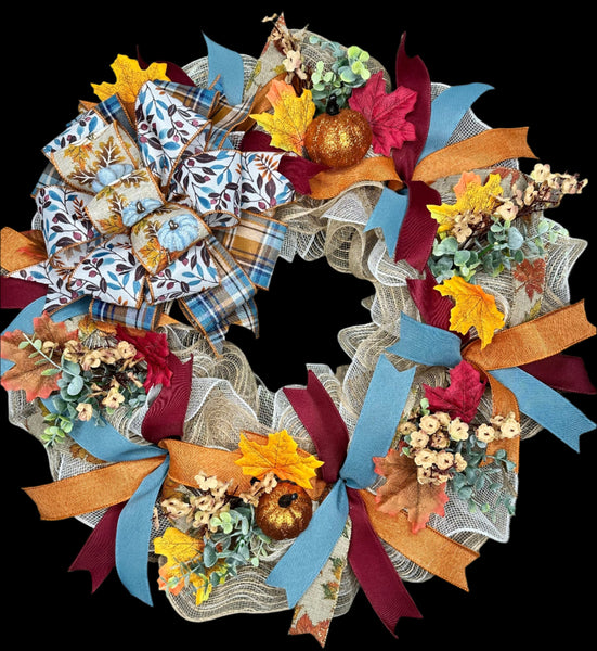 Fall Farmhouse Pumpkin & Country Blue Handmade 24" Deco Mesh Wreath