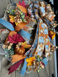 Fall Farmhouse Pumpkin & Country Blue Handmade 24" Deco Mesh Wreath