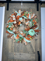 Fall Autumn Sage Green Pumpkin Fall Handmade 24" Deco Mesh Wreath for Front Door - ONLY ONE AVAILABLE!