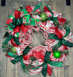 Candy Cane, Elf Bow Christmas 24" Deco Mesh Handcrafted Wreath