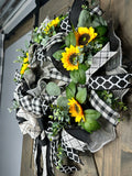 Sunflower Black & White & Ivory Buffalo Plaid Farmhouse Front Door 24" Handmade Wreath