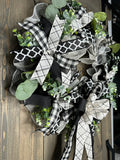 Black & White & Ivory Buffalo Plaid Farmhouse Front Door 24" Handmade Wreath