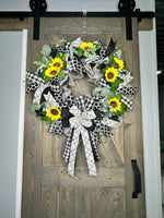 Sunflower Black & White & Ivory Buffalo Plaid Farmhouse Front Door 24" Handmade Wreath