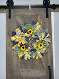 Spring Wreath, Handmade, Farmhouse, Sunflower, Yellow & Navy, Deco Mesh Front Door Wreath, Sunflower Decor, Gift Giving Idea
