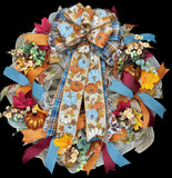 Fall Farmhouse Pumpkin & Country Blue Handmade 24" Deco Mesh Wreath