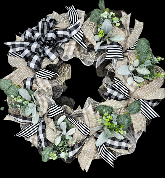 Black & Natural Beige Buffalo Plaid Farmhouse Wreath