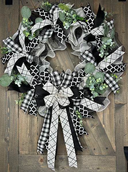 Black & White & Ivory Buffalo Plaid Farmhouse Front Door 24" Handmade Wreath