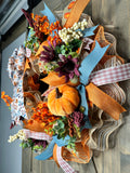 ONLY ONE AVAILABLE - Fall Harvest Country Blue and Cranberry Pumpkin Handmade 24" Deco Mesh Wreath for Front Door