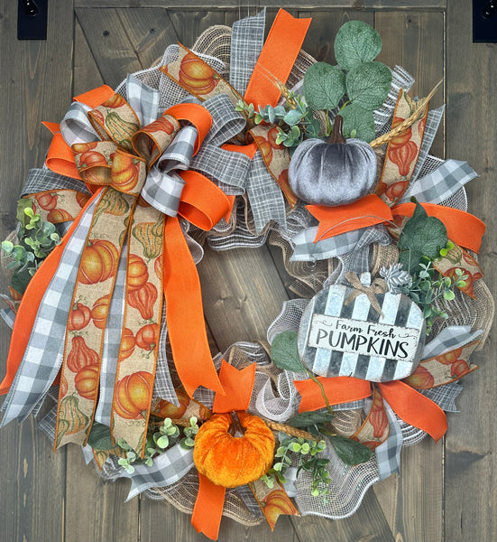 Farm Fresh Pumpkins Wreath, Orange, Gray, Fall Wreath, Handmade 24" Deco Mesh Wreath
