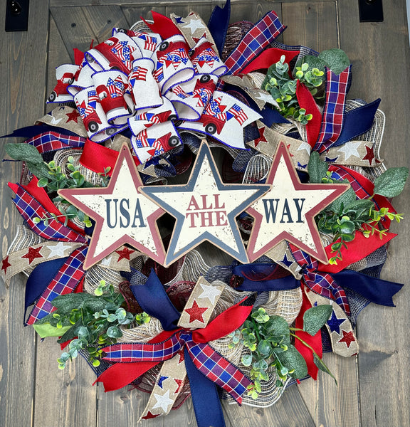 Patriotic Wreath, Americana Farm Truck USA All the Way Wreath, Memorial Day Wreath, 4th of July Wreath, Independence Day Wreath, Handmade Front Door Patriotic Wreath