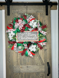 Merry Christmas White Poinsettia, Silver Ornament, Handmade 24" Christmas Wreath for front door