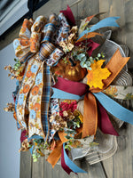 Fall Farmhouse Pumpkin & Country Blue Handmade 24" Deco Mesh Wreath