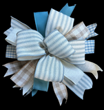 Smoke Blue Linen Ticking Stripe Ribbon Farmhouse Handmade Alligator Clip-on Bow - 12"x12"