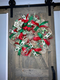 Merry Christmas Bow Christmas Tree Ribbon Traditional Red & Green Christmas Deco Mesh Handmade Wreath