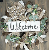 Natural & Beige Cotton Bud Farmhouse Handmade Wreath  **Sign Options are Available