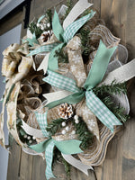 Winter Snowflake, Deer Sage Green Handmade 24" Country Christmas Wreath for front door