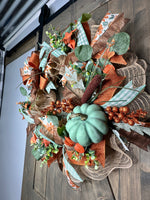 Fall Autumn Sage Green Pumpkin Fall Handmade 24" Deco Mesh Wreath for Front Door - ONLY ONE AVAILABLE!