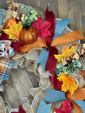 Fall Farmhouse Pumpkin & Country Blue Handmade 24" Deco Mesh Wreath