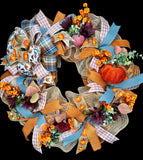 ONLY ONE AVAILABLE - Fall Harvest Country Blue and Cranberry Pumpkin Handmade 24" Deco Mesh Wreath for Front Door